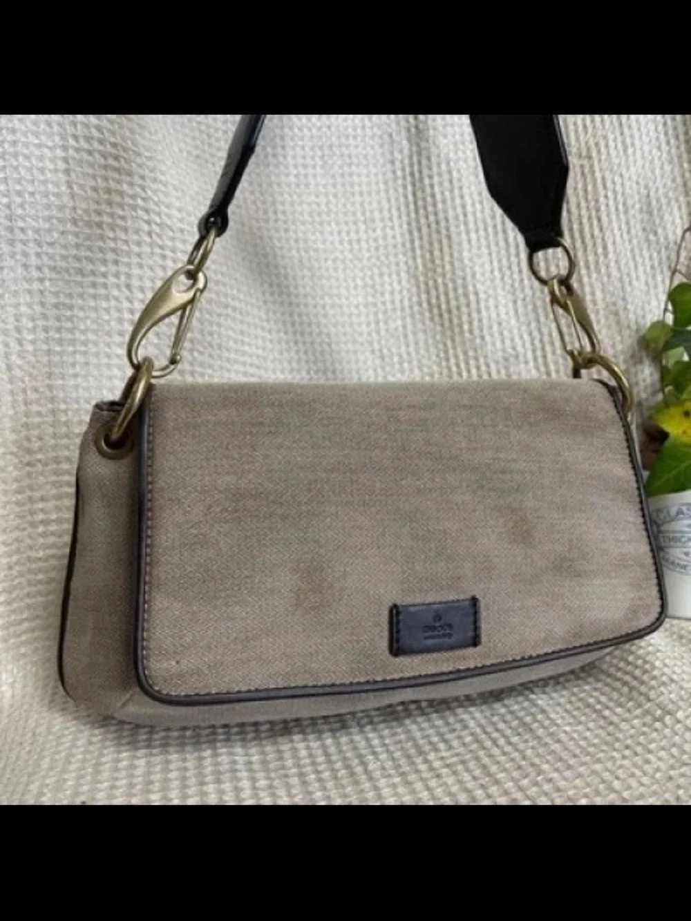 Gucci Taupe Canvas Shoulder Bag with Dark Brown Trim